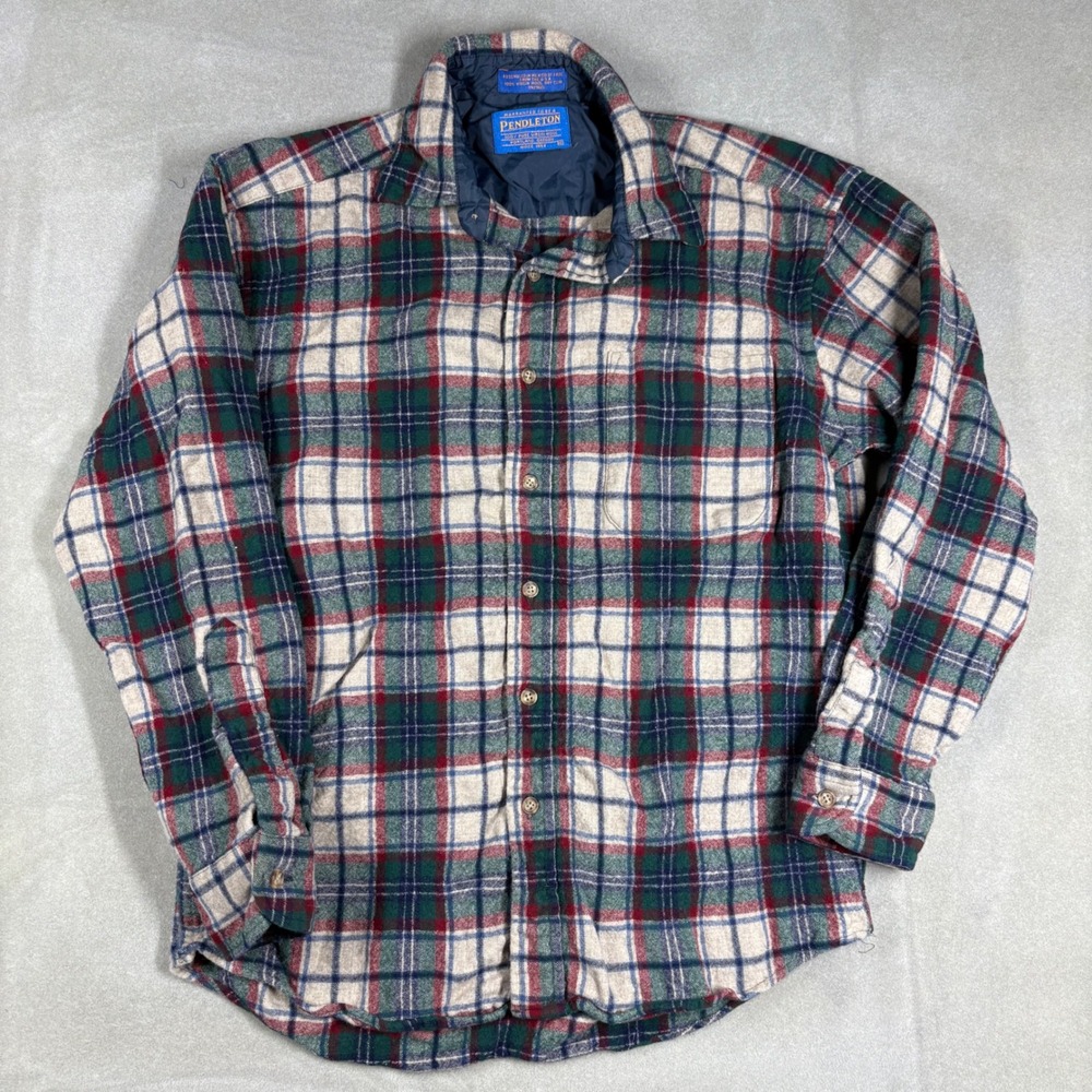 Pendleton Wool Plaid Shirt Jacket Mens Medium Red Green Blue Flannel Lined L/S
